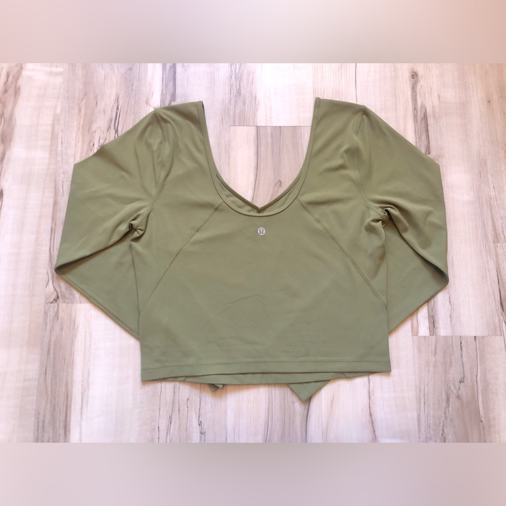 Lululemon Align V-Neck Long Sleeve Crop Top Olive Green Nulu Women's Size 6 - Picture 9 of 15